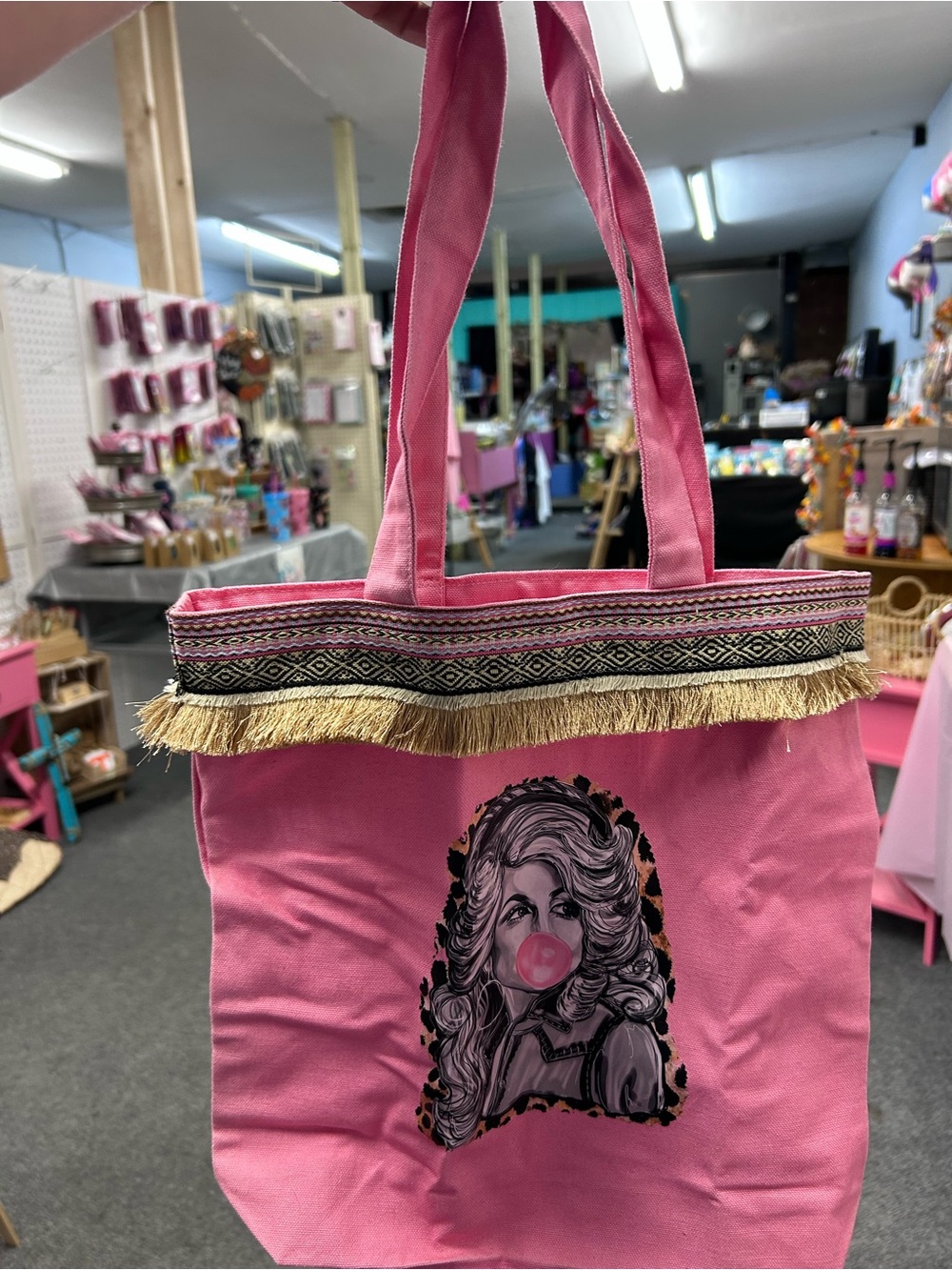 Pink Fringe Tote Bag with Graphic Pop Art